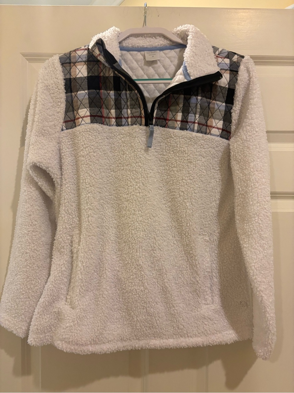Vera Bradley Ivory Sherpa Pullover with Plaid Yoke